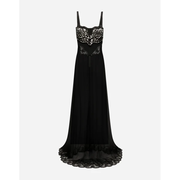 Dolce & Gabbana Long silk chiffon dress with lace body, view 2