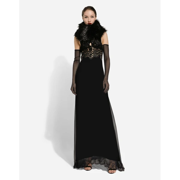Dolce & Gabbana Long silk chiffon dress with lace body, view 3