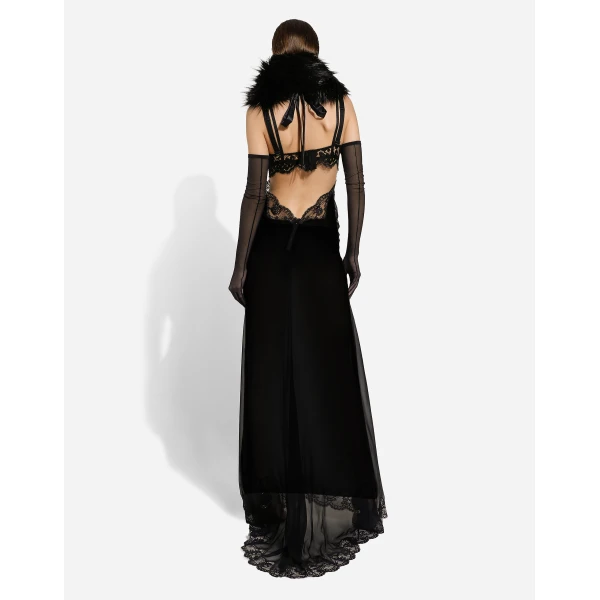 Dolce & Gabbana Long silk chiffon dress with lace body, view 4