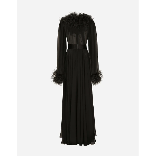 Dolce & Gabbana Long silk chiffon dress with ostrich feather details, view 2