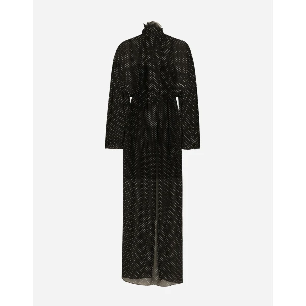 Dolce & Gabbana Long silk chiffon dress with polka-dot print, a pussy-bow detail and flower on neck, view 2