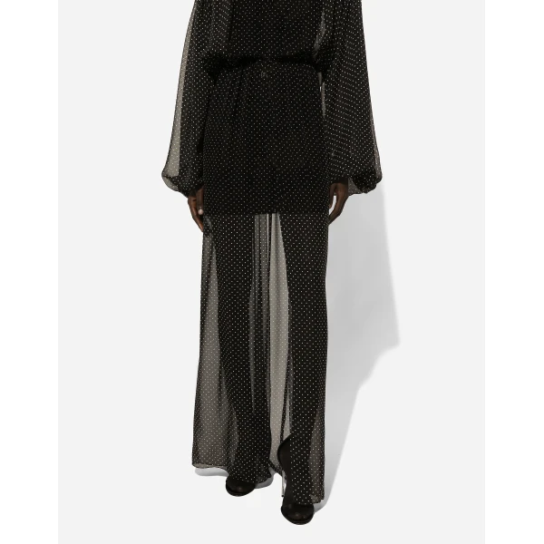 Dolce & Gabbana Long silk chiffon dress with polka-dot print, a pussy-bow detail and flower on neck, view 6
