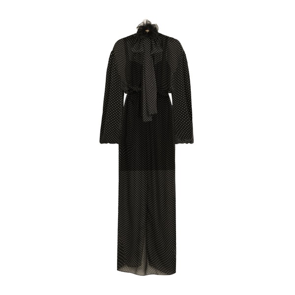 Dolce & Gabbana Long silk chiffon dress with polka-dot print, a pussy-bow detail and flower on neck