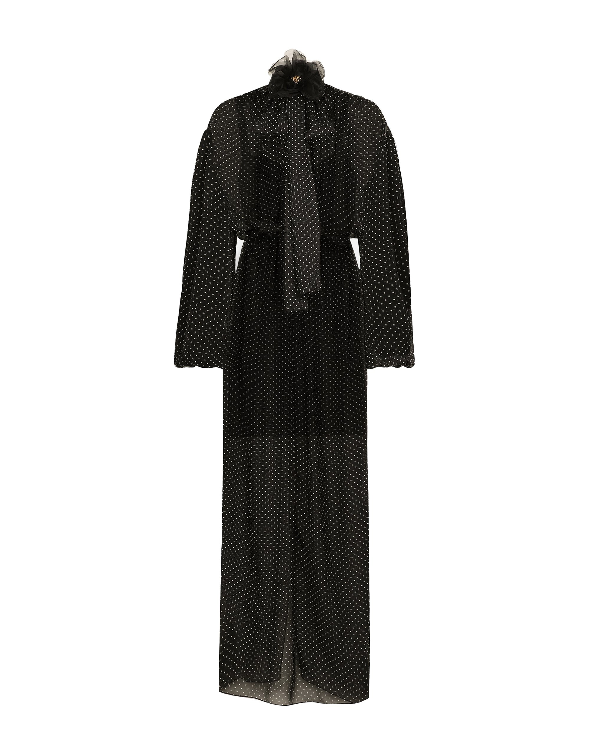 Dolce & Gabbana Long silk chiffon dress with polka-dot print, a pussy-bow detail and flower on neck