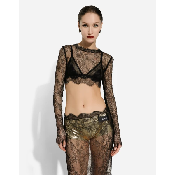 Dolce & Gabbana Long-sleeved Chantilly lace crop top, view 5