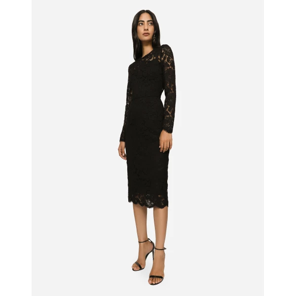 Dolce & Gabbana Long-sleeved calf-length dress in branded stretch lace, view 6