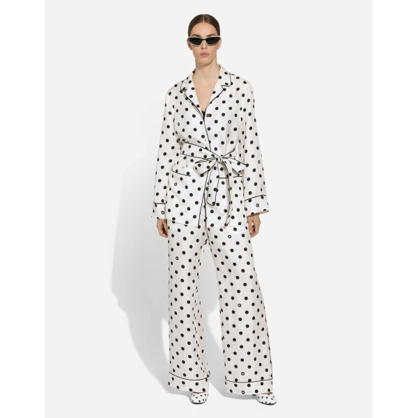 Dolce & Gabbana Long-sleeved silk pajama shirt with polka-dot print, view 2