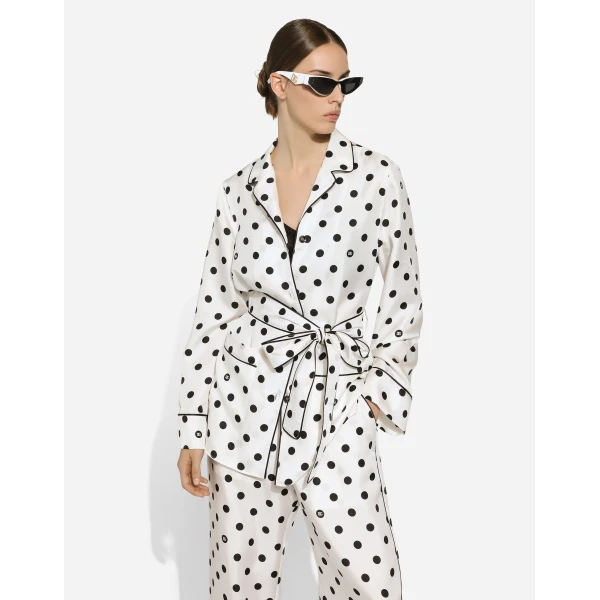 Dolce & Gabbana Long-sleeved silk pajama shirt with polka-dot print, view 4