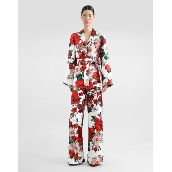 Dolce & Gabbana Long-sleeved twill pajama shirt with rose print, view 2