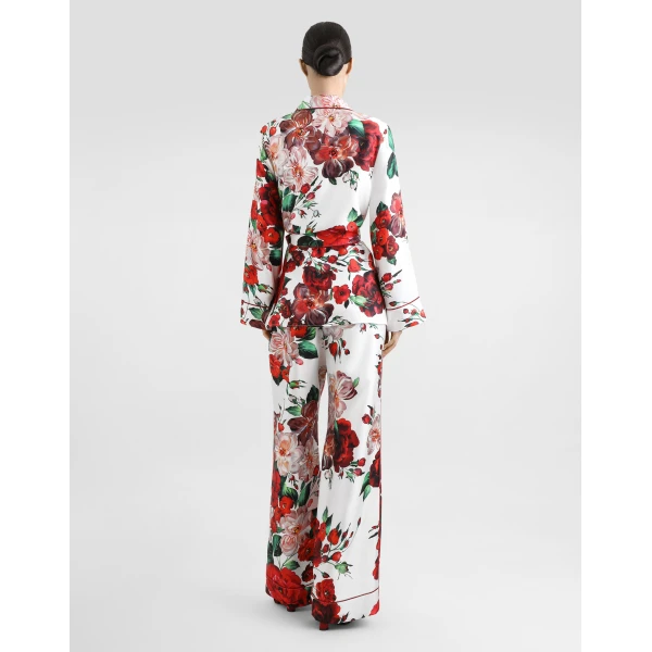 Dolce & Gabbana Long-sleeved twill pajama shirt with rose print, view 3