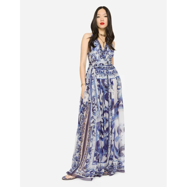 Dolce & Gabbana Long sleeveless chiffon dress with majolica print, view 2