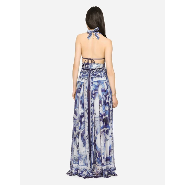 Dolce & Gabbana Long sleeveless chiffon dress with majolica print, view 3