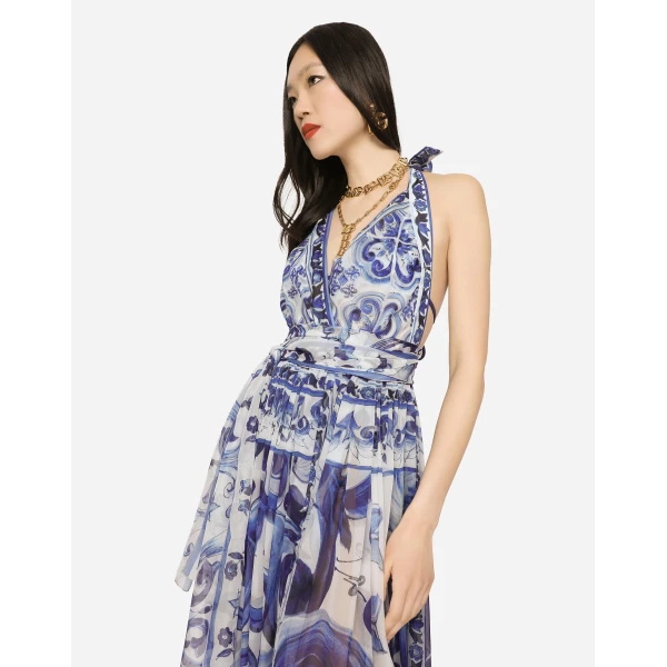 Dolce & Gabbana Long sleeveless chiffon dress with majolica print, view 4
