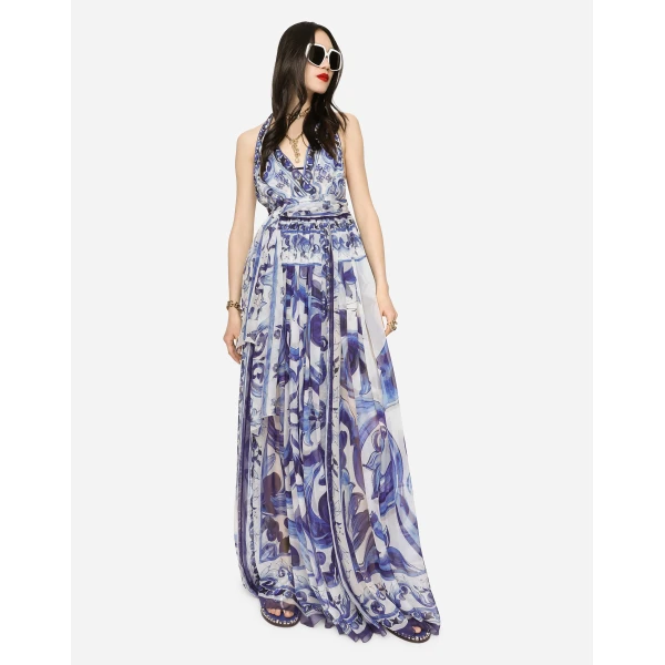 Dolce & Gabbana Long sleeveless chiffon dress with majolica print, view 5