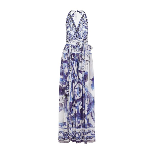 Dolce & Gabbana Long sleeveless chiffon dress with majolica print