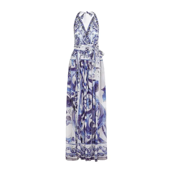Dolce & Gabbana Long sleeveless chiffon dress with majolica print