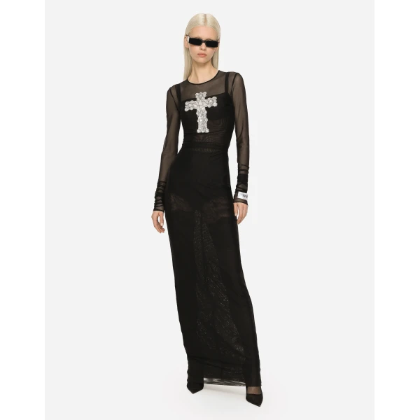 Dolce & Gabbana Long tulle dress with rhinestone cross embellishment, view 2