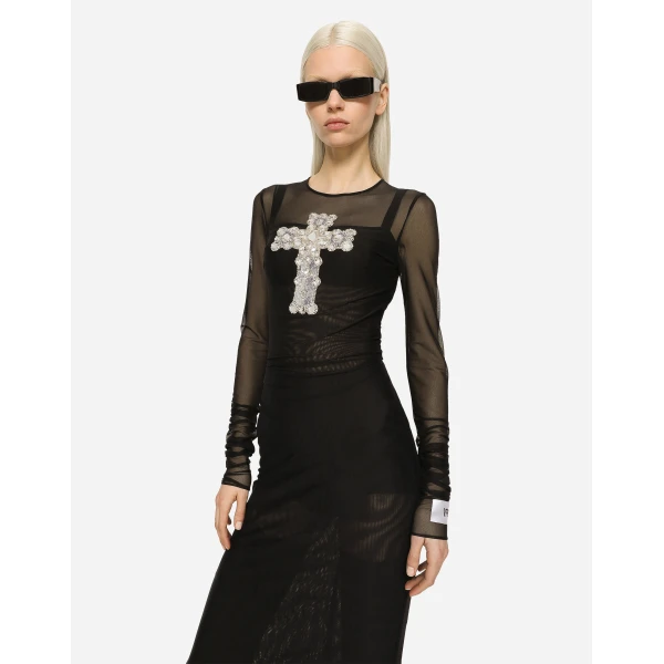 Dolce & Gabbana Long tulle dress with rhinestone cross embellishment, view 4