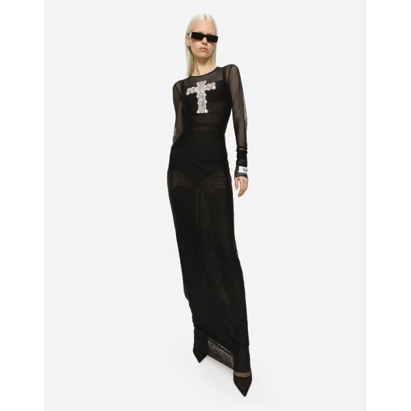 Dolce & Gabbana Long tulle dress with rhinestone cross embellishment, view 5