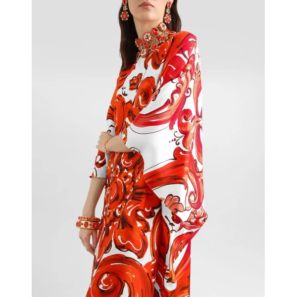 Dolce & Gabbana Long tunic dress in majolica-print twill, view 4