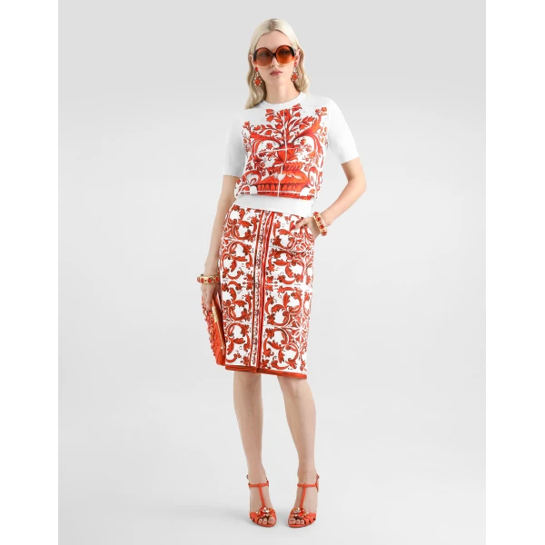 Dolce & Gabbana Majolica-print brocade skirt with jewel buttons, view 2