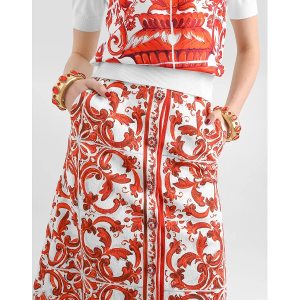 Dolce & Gabbana Majolica-print brocade skirt with jewel buttons, view 4