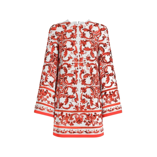 Majolica-print charmeuse dress with embroidery