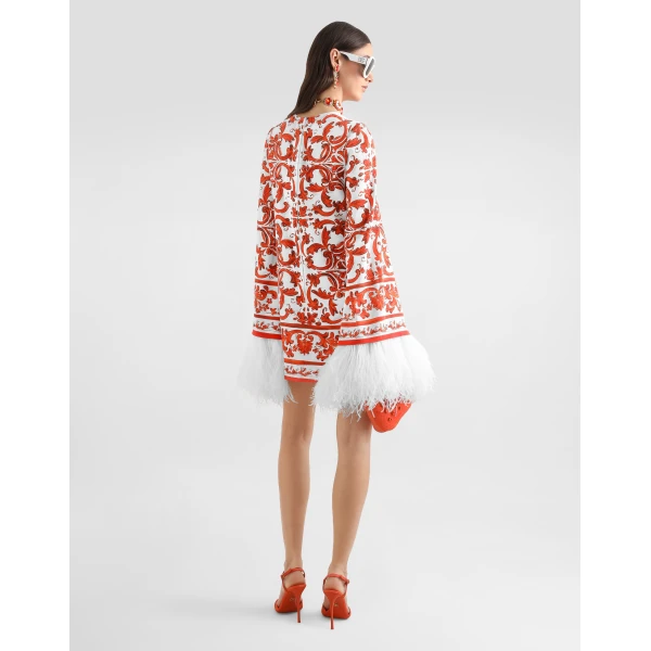 Dolce & Gabbana Majolica-print charmeuse dress with feather trim, view 3