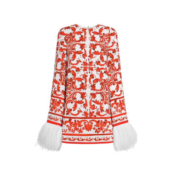 Dolce & Gabbana Majolica-print charmeuse dress with feather trim