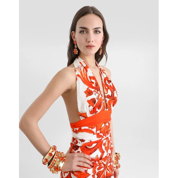 Dolce & Gabbana Majolica-print charmeuse long dress, view 4