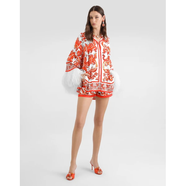 Dolce & Gabbana Majolica-print charmeuse shirt with feather trim, view 2