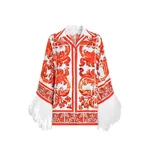 Dolce & Gabbana Majolica-print charmeuse shirt with feather trim
