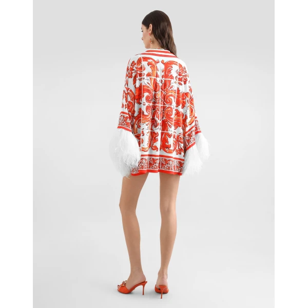 Dolce & Gabbana Majolica-print charmeuse shirt with feather trim, view 3