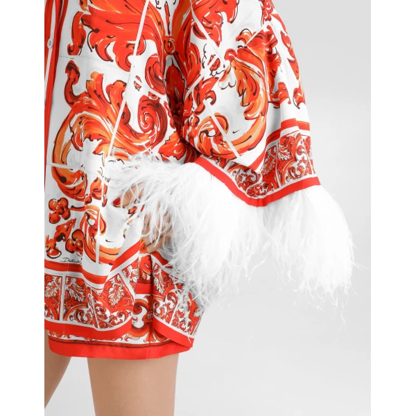 Dolce & Gabbana Majolica-print charmeuse shirt with feather trim, view 5