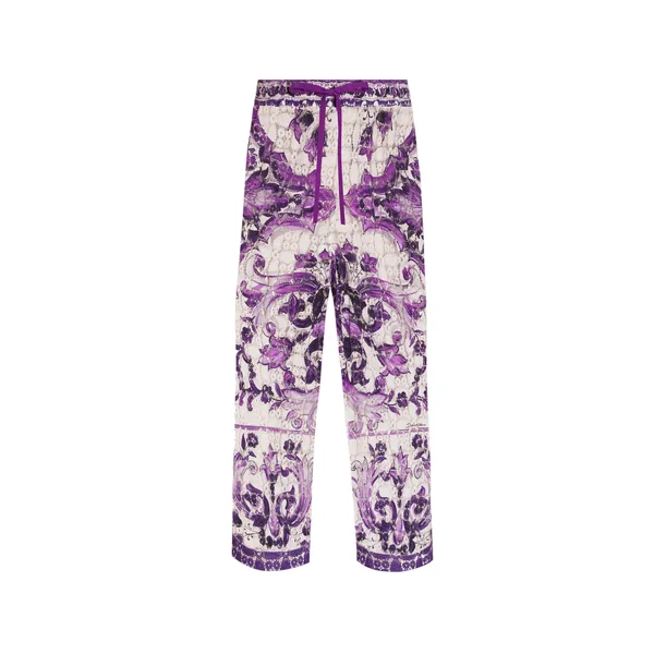 Majolica-print crochet lace trousers