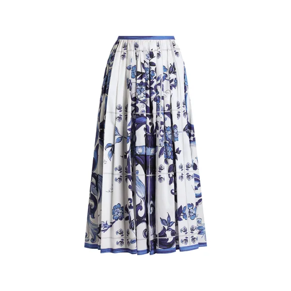 Majolica-print long cotton satin skirt