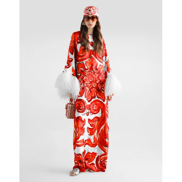 Dolce & Gabbana Majolica-print long kaftan dress with feather trim, view 2