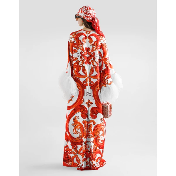 Dolce & Gabbana Majolica-print long kaftan dress with feather trim, view 3