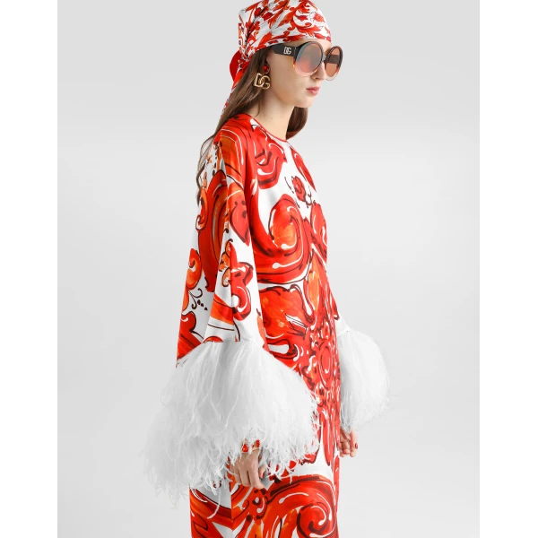 Dolce & Gabbana Majolica-print long kaftan dress with feather trim, view 4