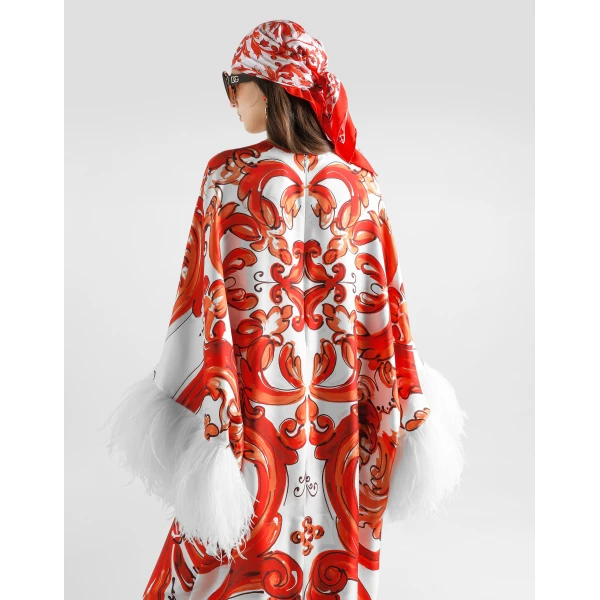 Dolce & Gabbana Majolica-print long kaftan dress with feather trim, view 5