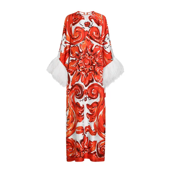 Dolce & Gabbana Majolica-print long kaftan dress with feather trim
