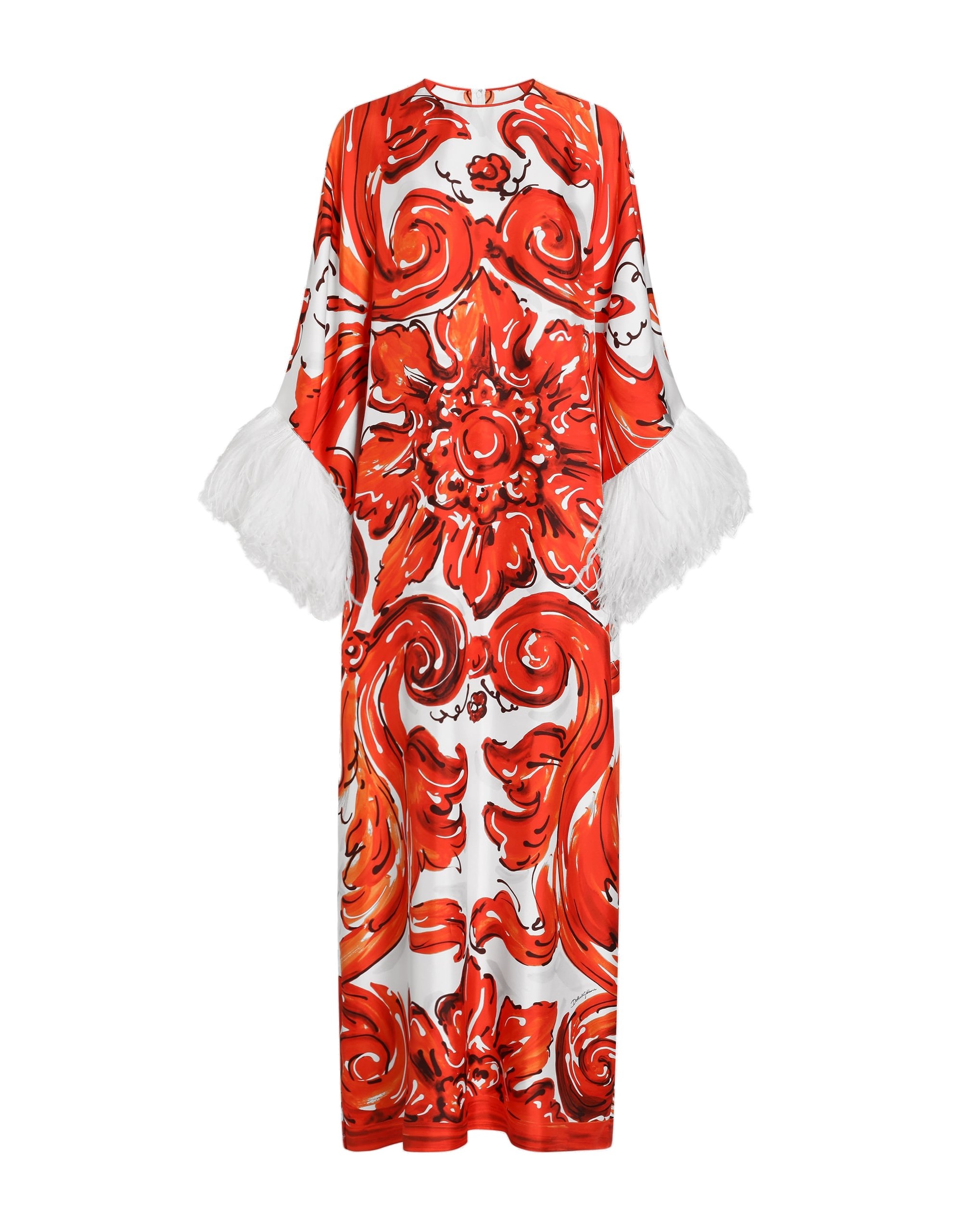 Dolce & Gabbana Majolica-print long kaftan dress with feather trim