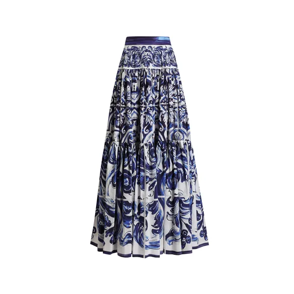 Majolica-print long poplin skirt
