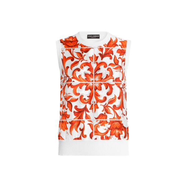 Majolica-print silk and twill tank top