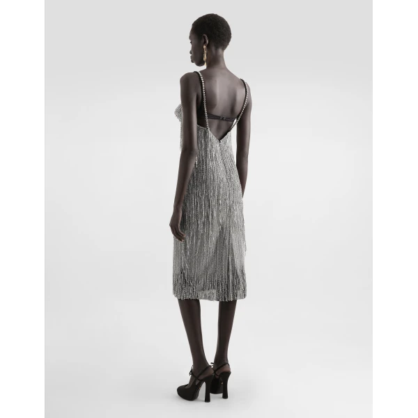 Dolce & Gabbana Marquisette calf-length dress with sequined fringing, view 3