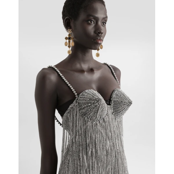 Dolce & Gabbana Marquisette calf-length dress with sequined fringing, view 4