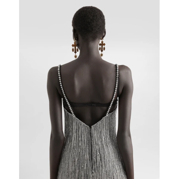 Dolce & Gabbana Marquisette calf-length dress with sequined fringing, view 5