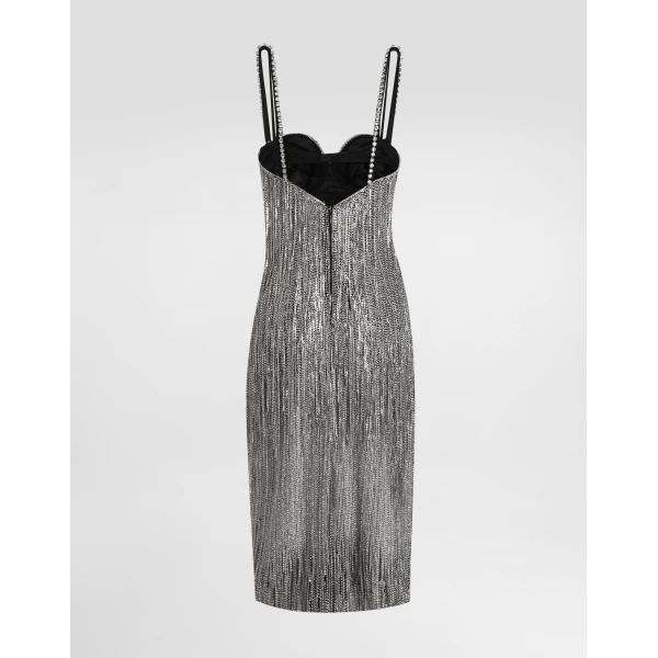 Dolce & Gabbana Marquisette calf-length dress with sequined fringing, view 6