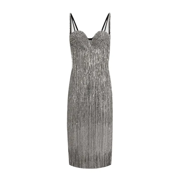 Marquisette calf-length dress with sequined fringing