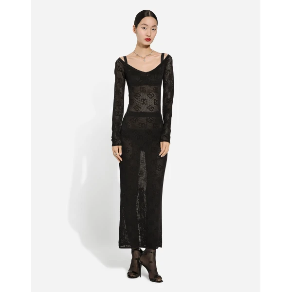 Dolce & Gabbana Mesh-stitch sheath dress with jacquard DG logo, view 2